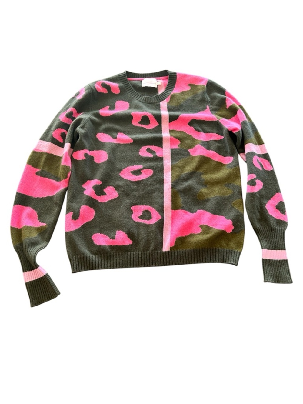 Brodie cashmere sweater leopard print pink green striped Crewneck camo